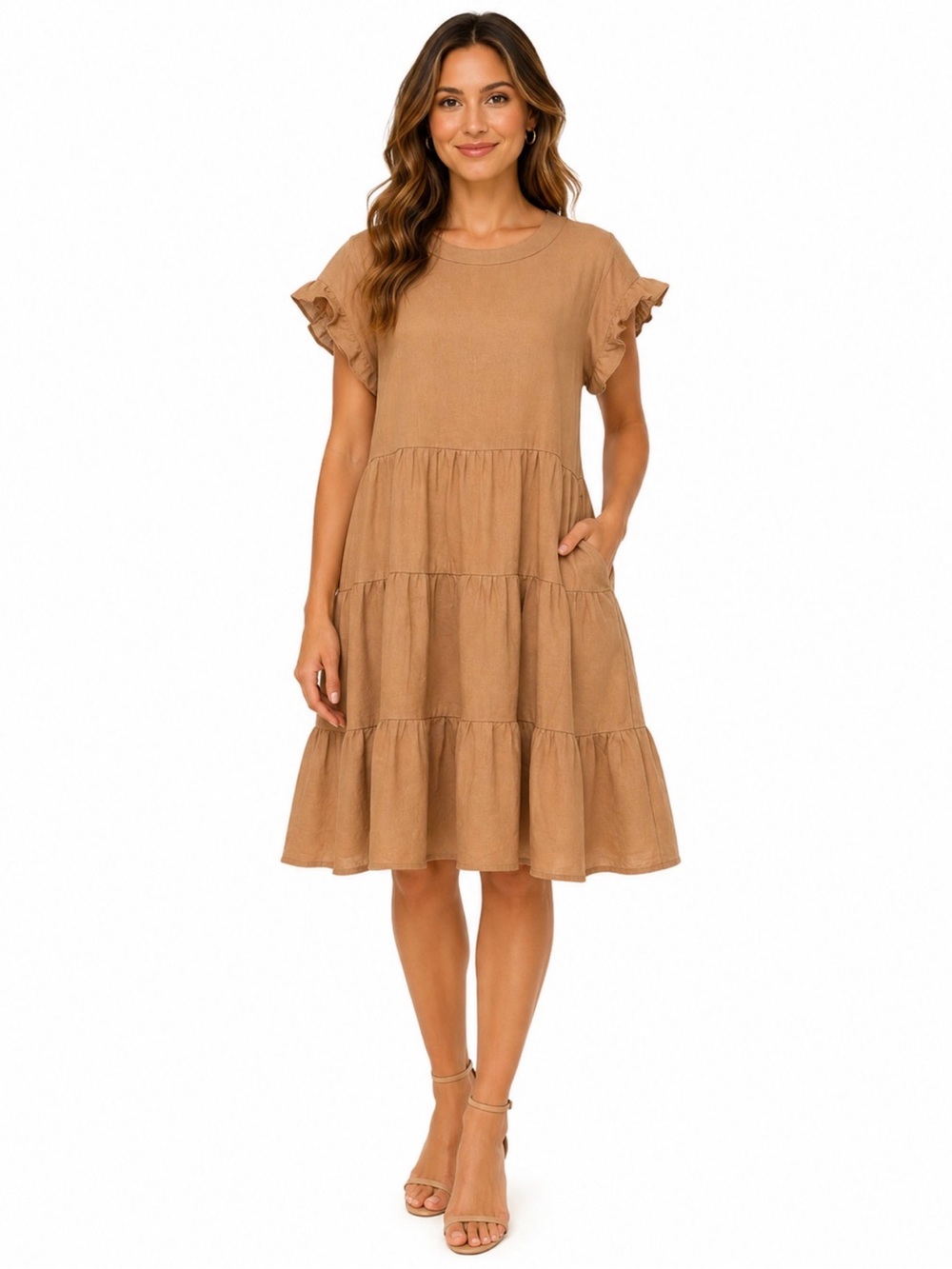 Adyson Parker Camel Tiered Ruffle Sleeve Midi Dress